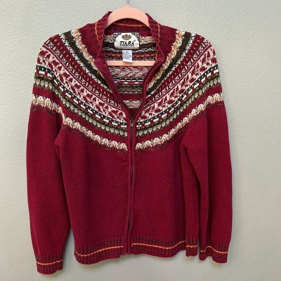 Vintage Tiara International Red Green Yellow Fair Isle Full Zip Sweater sz large - Picture 5 of 9